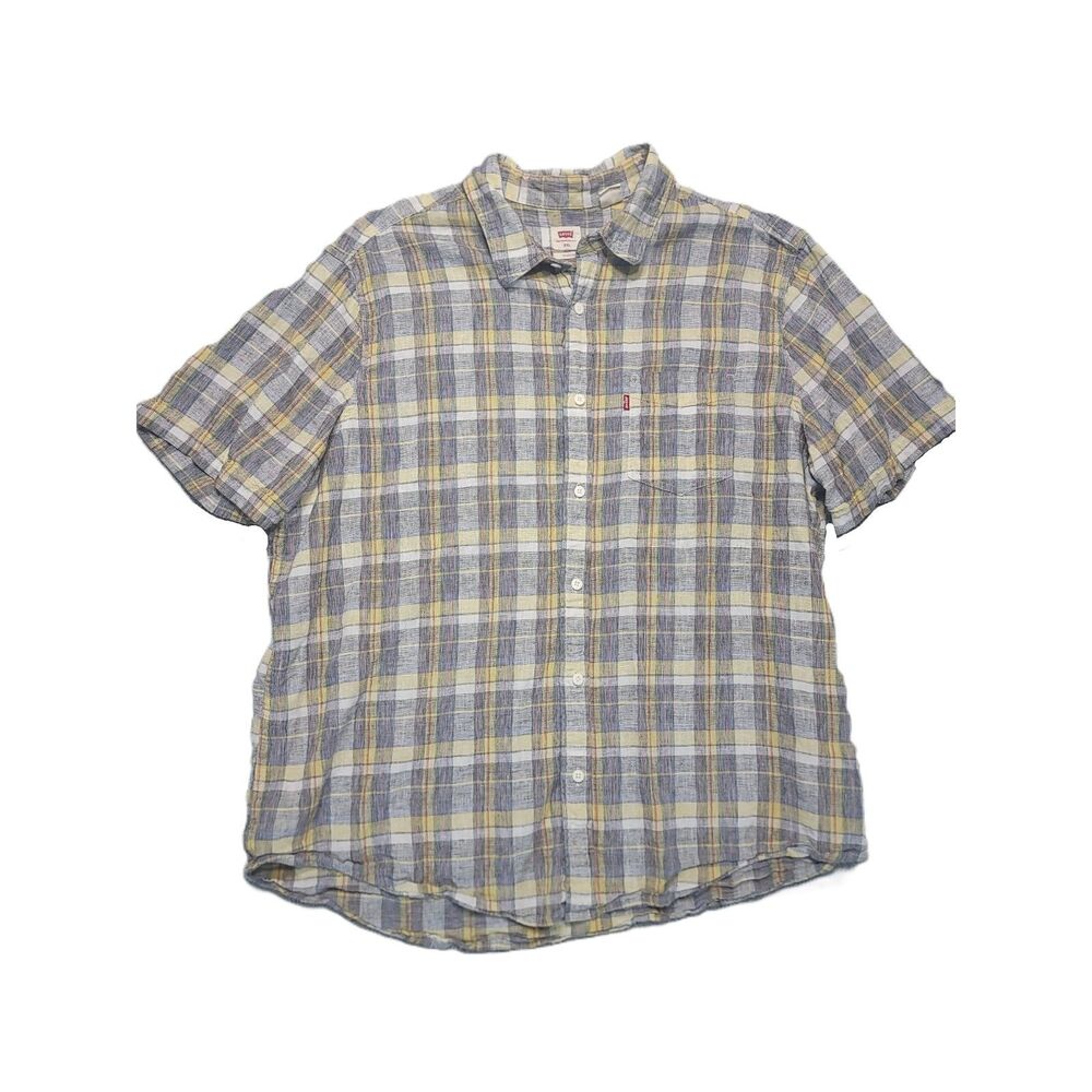 Levis Linen Blend Button Up Short Sleeve Shirt Mens XXL Standard Plaid